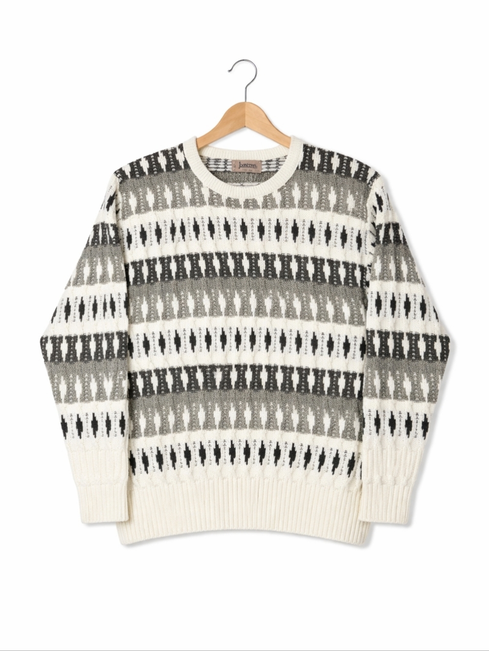 Jantzen Vintage Ivory Charcoal Chunky Knit Fair Isle  Pullover Retro Ski Sweater